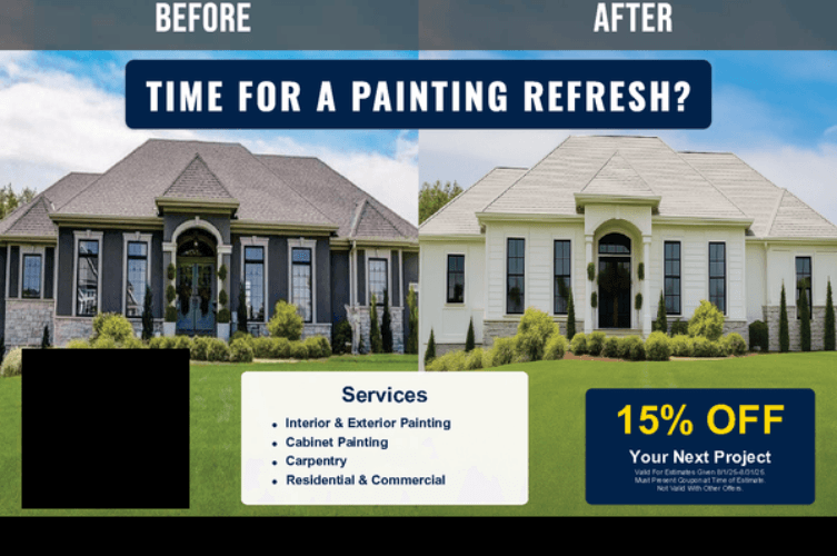 Front side of postcard with before/after house images